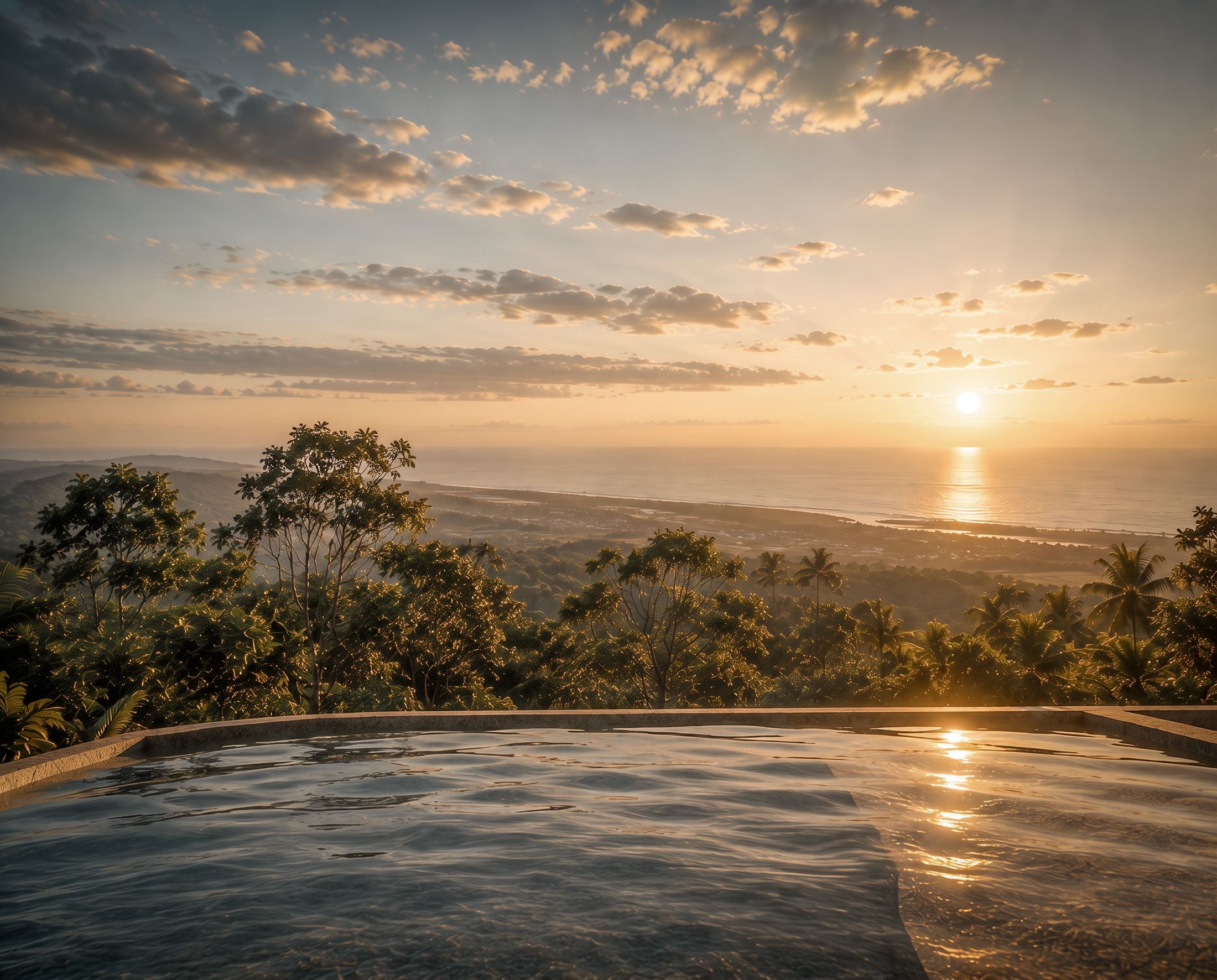 Rooftop pool facing the Pacific at sunset